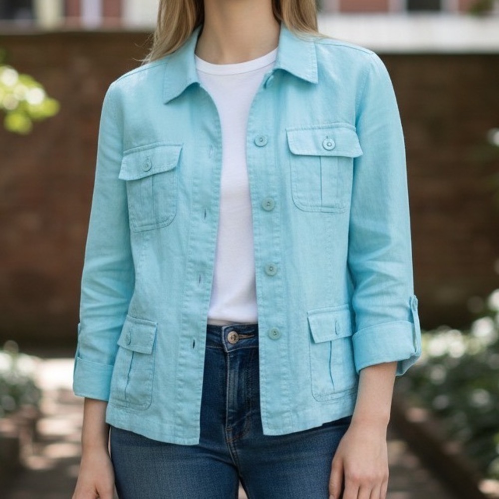 Charter Club Luxury Womens Blue 100% Linen Jacket Size L Resort Bright Coastal